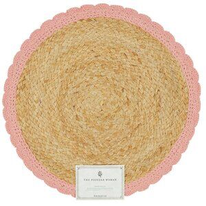 Pioneer Woman Crochet Table Placemat 100% Jute Natural & Coral 15" Round